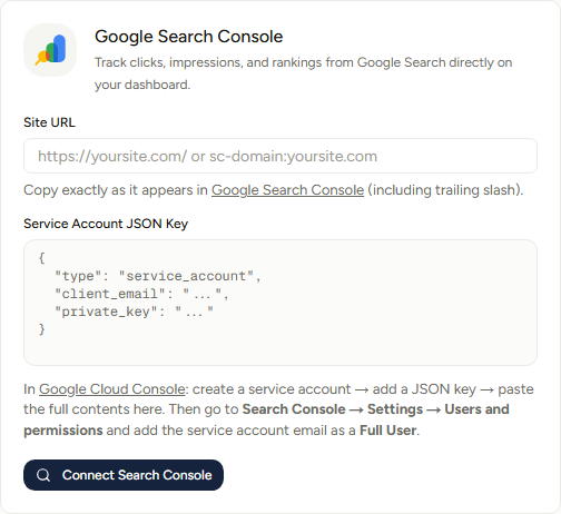 The Search Console card. Notice the Site URL placeholder showing both accepted property formats, and the instruction to add the service account as a Full User rather than a restricted one