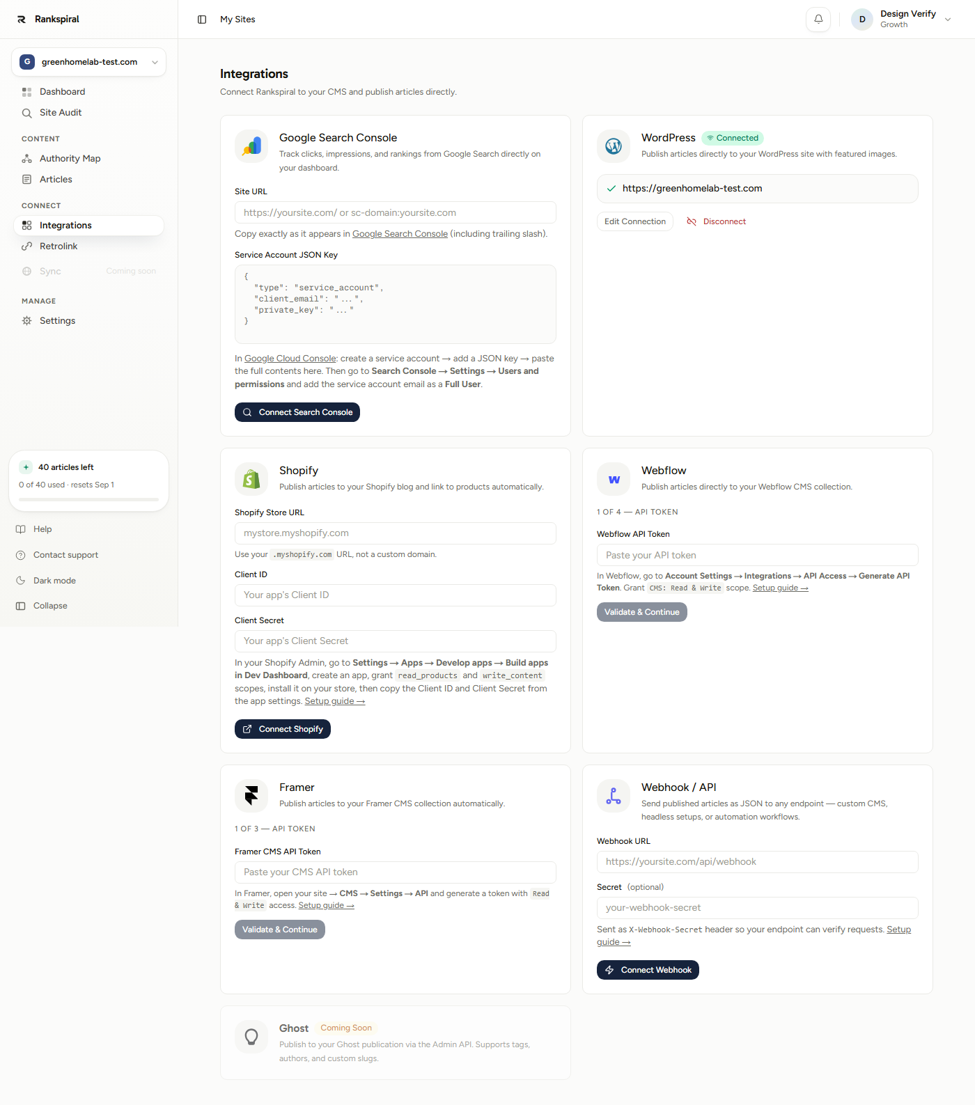 The Integrations page with six cards. Notice WordPress showing a green Connected pill with Edit Connection and Disconnect beneath it, while Webflow and Framer show numbered wizard steps rather than a single form