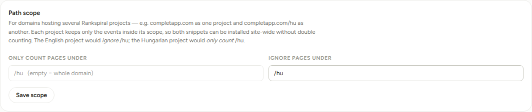 The Path scope card with two fields, Only count pages under and Ignore pages under, here filled with /hu in the ignore field as the English project's setting
