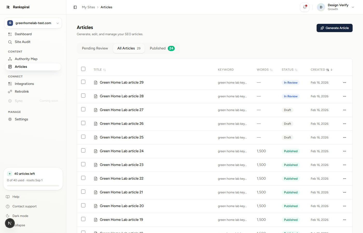 Notice the Generate Article button at the top right of the Articles page and the STATUS column chips (Draft, In Review, Published); the tabs above the table separate Pending Review from Published