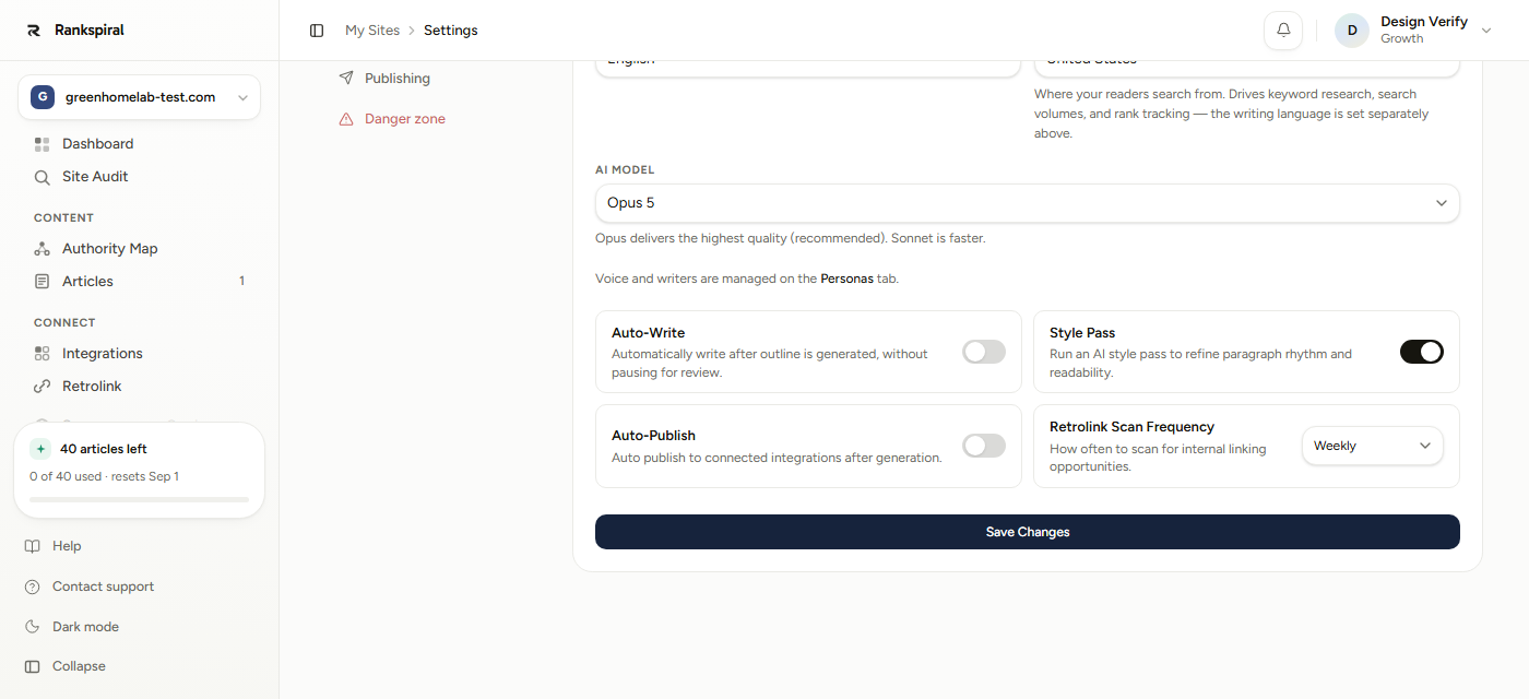 Site settings showing the Auto-Write switch off and the Auto-Publish switch off, side by side with Style Pass on