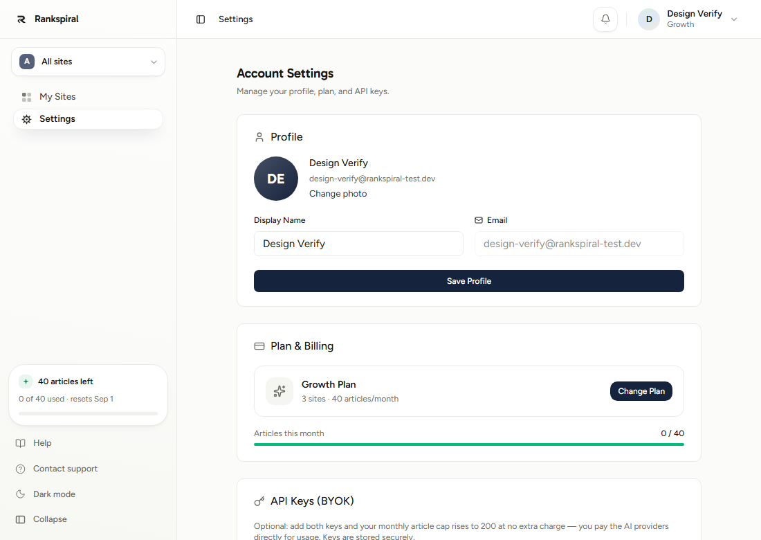 Account Settings with the Plan and Billing card reading Growth Plan, 3 sites, 40 articles/month, an Articles this month bar at 0 / 40, and the sidebar widget showing 40 articles left, resets Sep 1