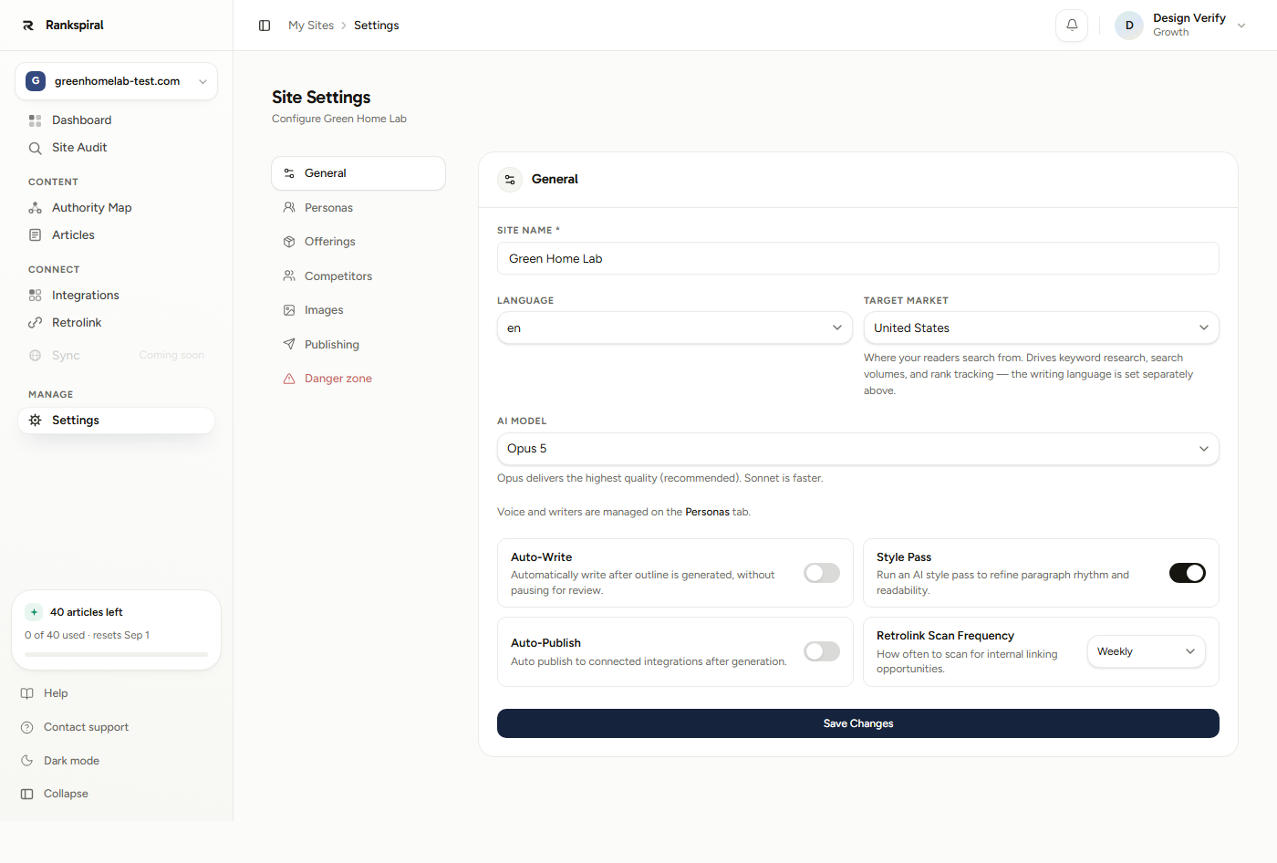 Site Settings General tab. Notice Auto-Write and Auto-Publish sitting side by side as separate switches, and the Retrolink Scan Frequency dropdown beside them
