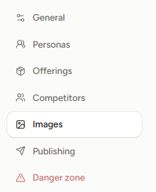 The seven Site Settings tabs stacked vertically: General, Personas, Offerings, Competitors, Images, Publishing, and Danger zone in red