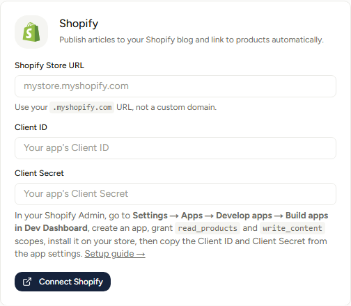 The Shopify connect form. Notice that the Store URL field warns you off custom domains directly under the input, which is the field people get wrong