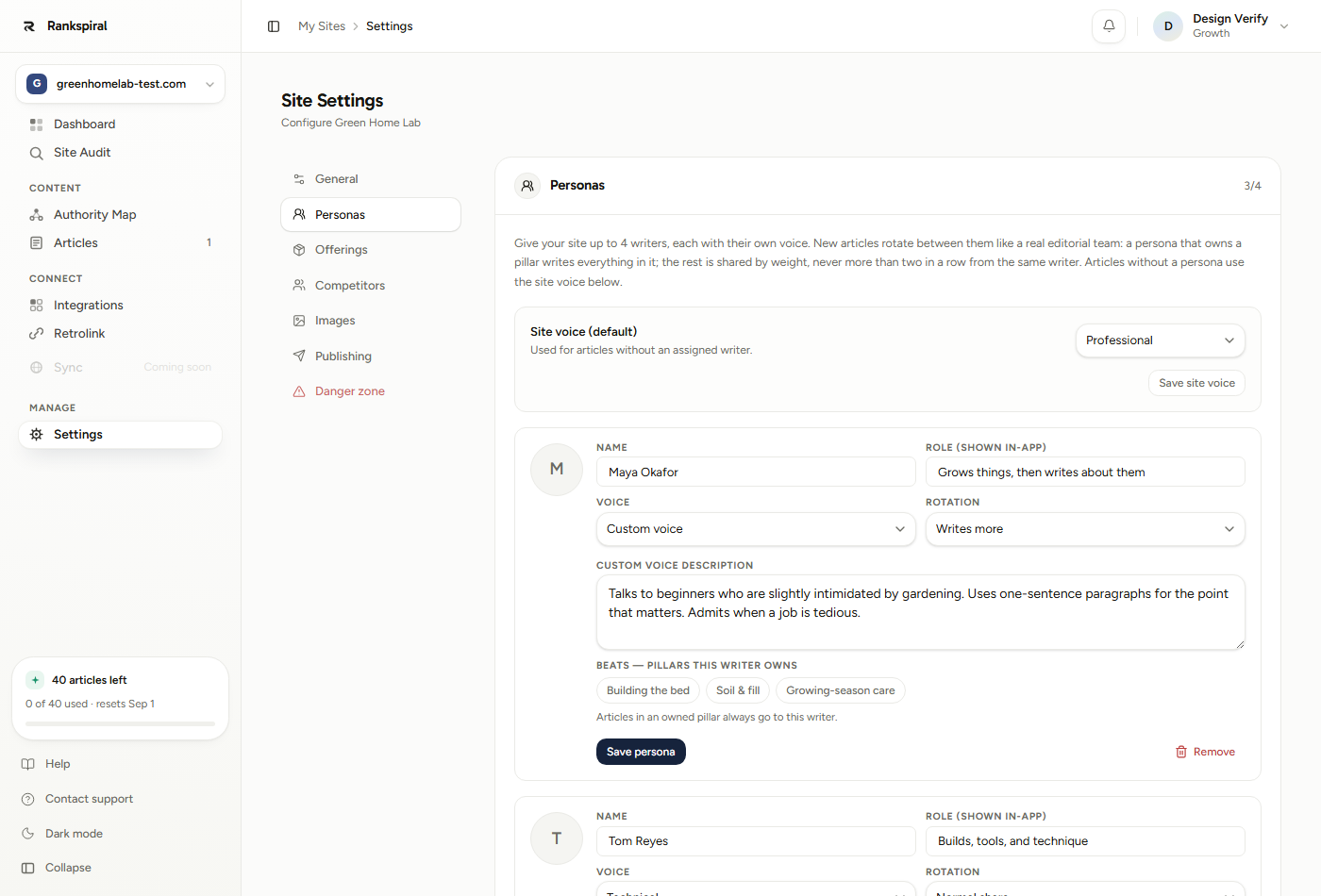 The Personas tab with Site voice set to Professional and a persona using a custom voice. Notice that the CUSTOM VOICE DESCRIPTION box is where iteration happens, and that it sits per writer rather than per site