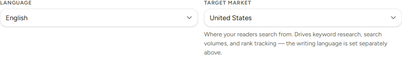 The Language and Target Market fields sitting side by side in Site Settings. Notice the helper text under Target Market stating that the writing language is set separately