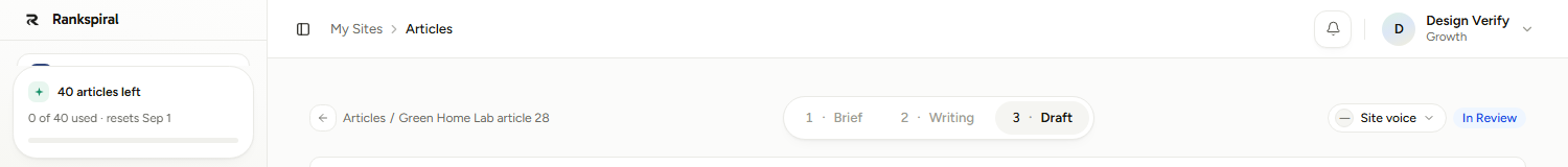 Article header with the writer chip reading Site voice as a dropdown, next to the In Review status badge