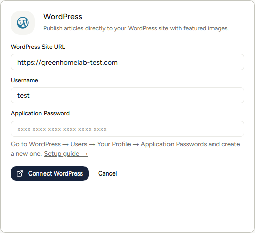 The WordPress connect form. Notice there are only three fields, and the Application Password placeholder shows the six-block format WordPress generates