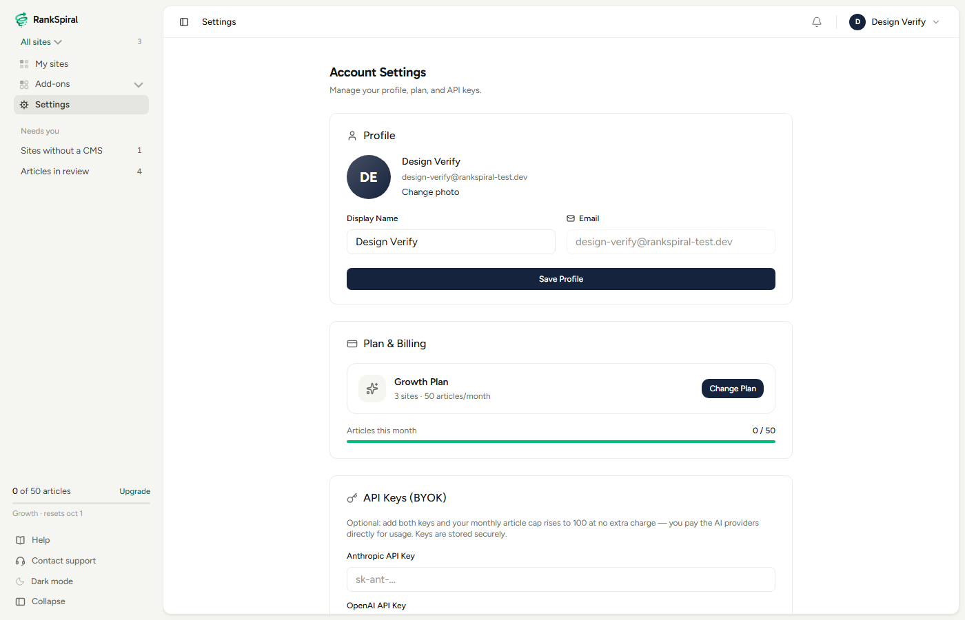 Account Settings with the Plan and Billing card reading Growth Plan, 3 sites, 50 articles/month, an Articles this month bar at 0 / 50, and the sidebar widget showing 0 of 50 articles, resets Oct 1