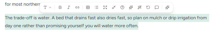 The floating toolbar above a selected paragraph. Notice that the formatting controls and the AI actions sit in one row, separated by a thin divider
