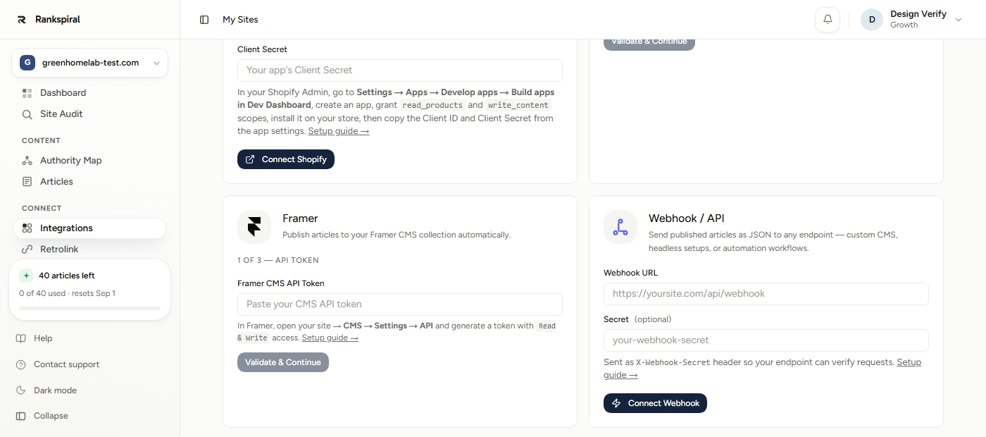 The Webhook / API card with the Webhook URL field, the optional Secret field, and the note that the secret is sent as an X-Webhook-Secret header