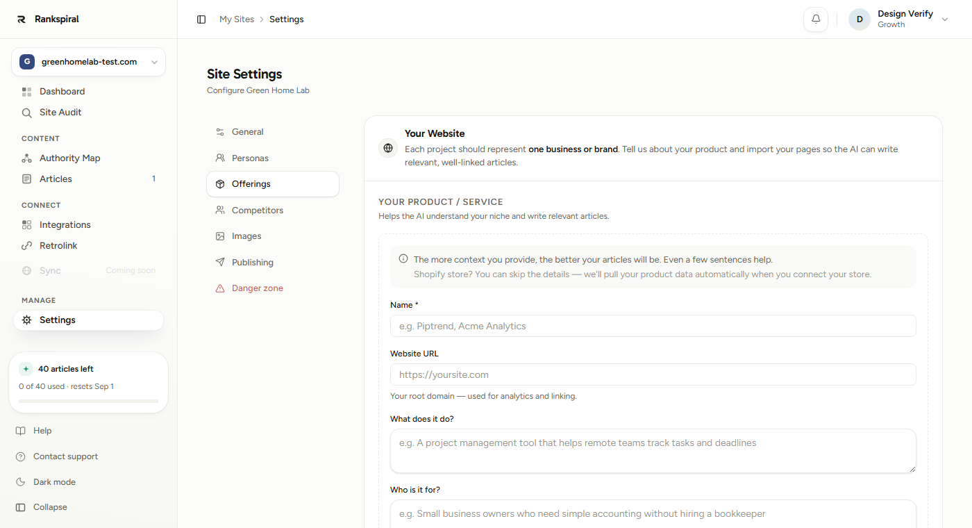 The Offerings tab. Notice that What does it do and Who is it for are separate fields, matching exactly what the scrape tried to extract from your site