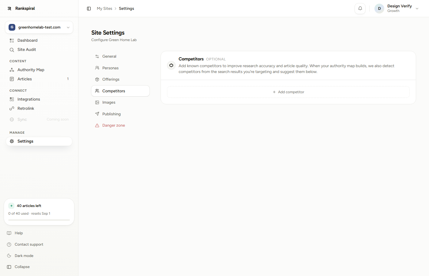Site Settings with its seven tabs. Notice that almost everything onboarding asked you lives behind one of General, Offerings, Competitors, or Images