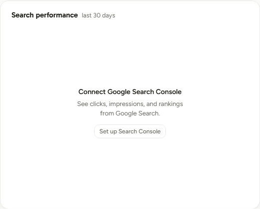 The Search performance card before connecting. Notice it sits on the project dashboard rather than the Integrations page, and links straight to setup
