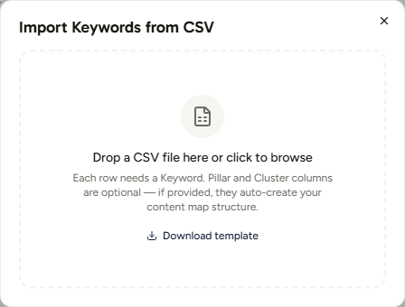 The empty import dialog. Notice Download template under the drop zone, which gives you the exact three-column shape the importer prefers
