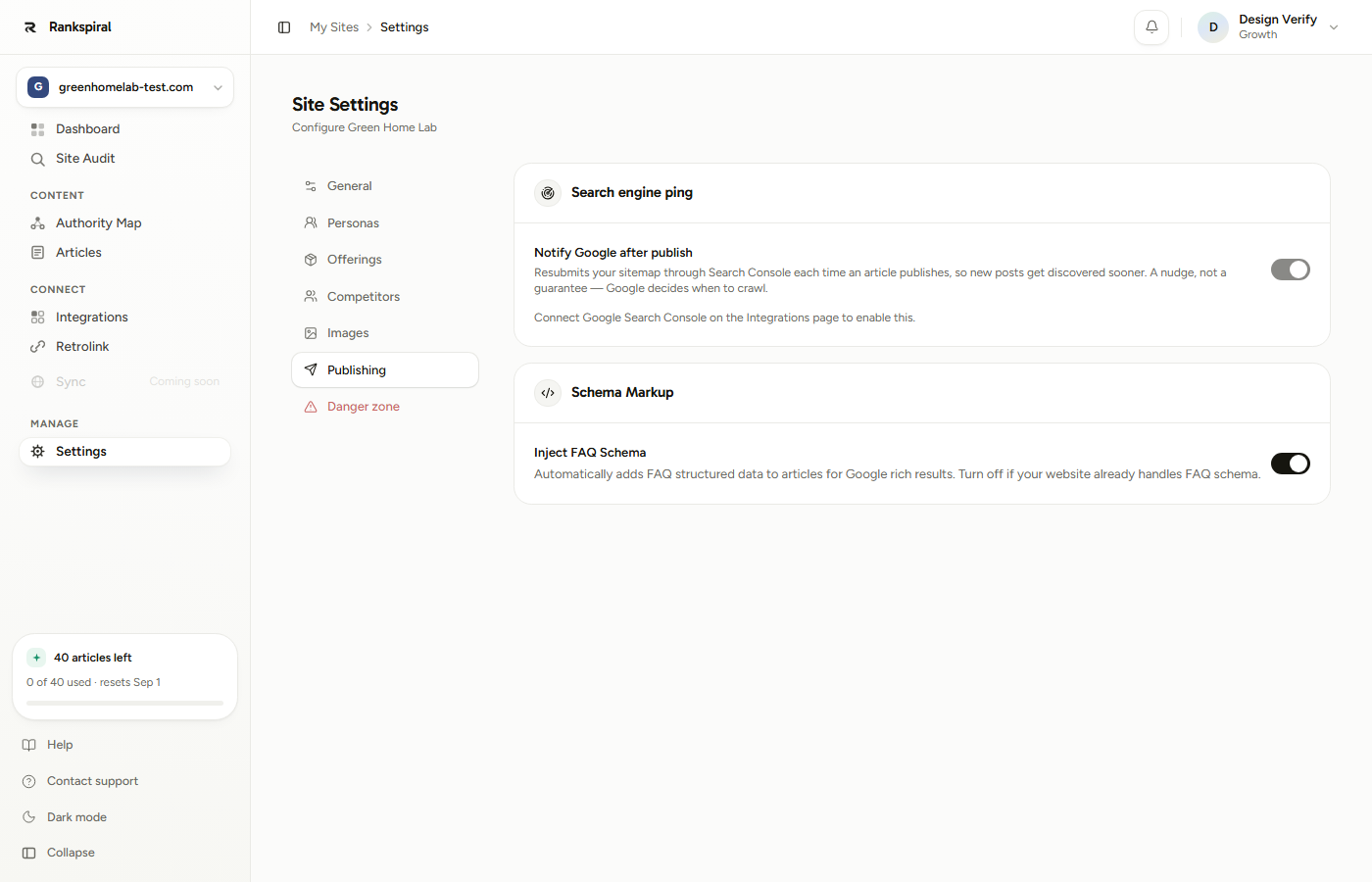 The Publishing tab: a Search engine ping card with the toggle greyed out because Search Console is not connected, and a Schema Markup card with Inject FAQ Schema switched on