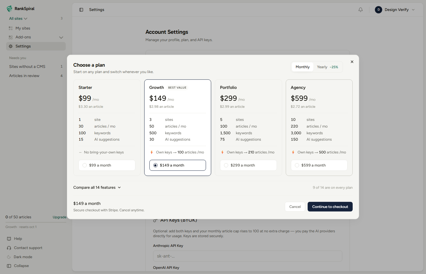 The Choose a plan modal with all four plan cards. Notice the per-article price under each monthly figure and the Own keys line naming each tier's BYOK cap, while Starter's reads No bring-your-own keys